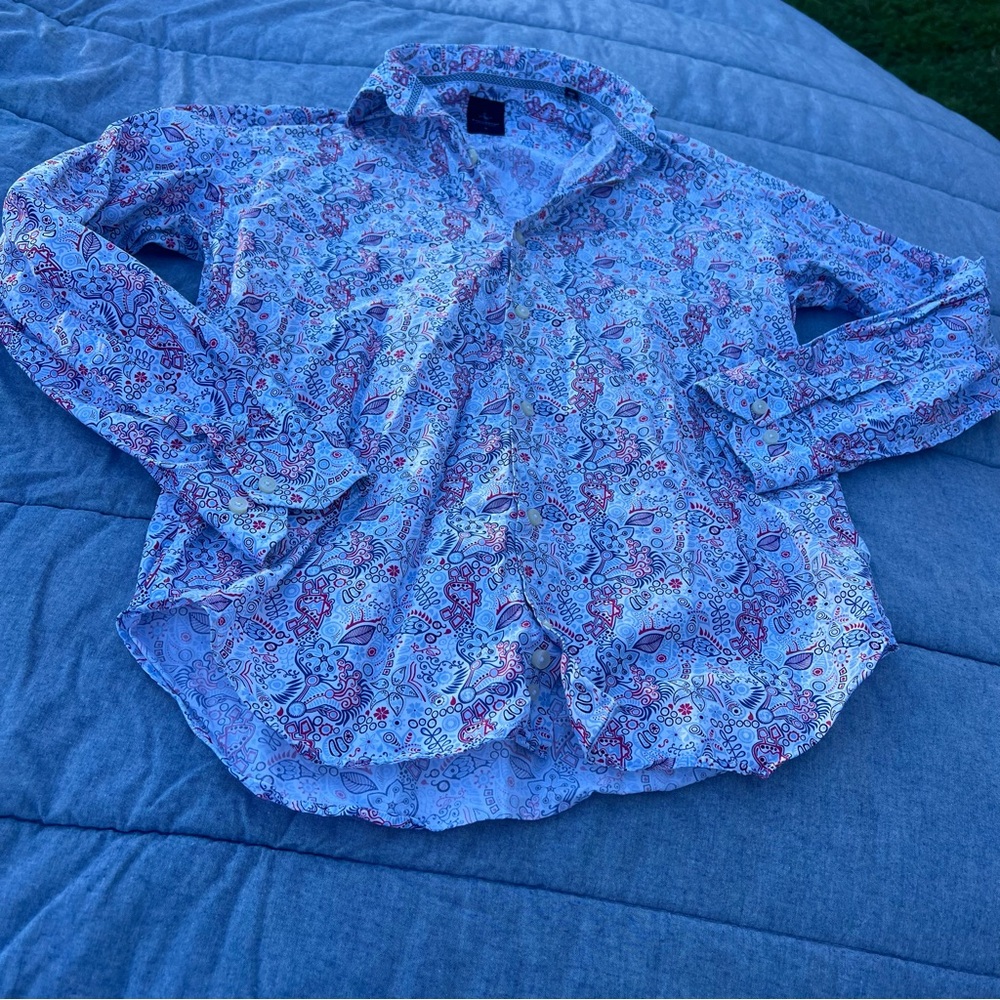 Tailorbyrd White/Red/Blue Paisley Cotton ButtonUp Long Sleeve Dress Shirt Size S